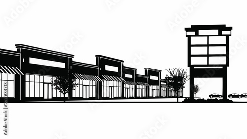 Black and White Shopping Center Silhouette with Signage.