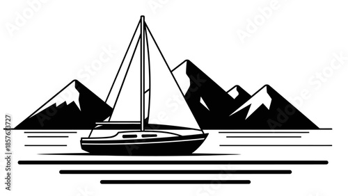Sailboat Cruising on Water with Mountains in Background, Peaceful Yacht Sailing Adventure