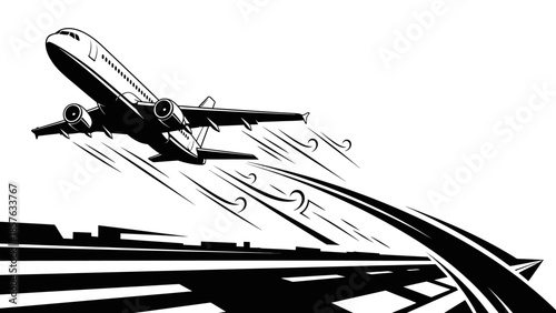 Commercial Passenger Airplane Taking Off from Runway with Speed Lines, Isolated White Background