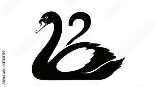Elegant Silhouette of Two Swans Together on Isolated White Background, Symbolizing Love and Graceful Nature.