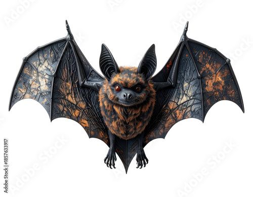 A bat with orange and black fur, wings spread against a dark background