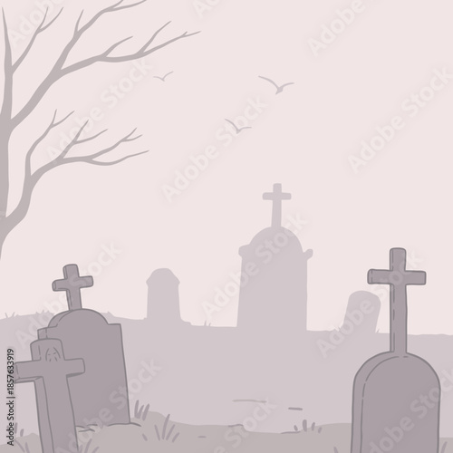 A misty and somber graveyard scene with various gravestones and crosses under a pale sky.