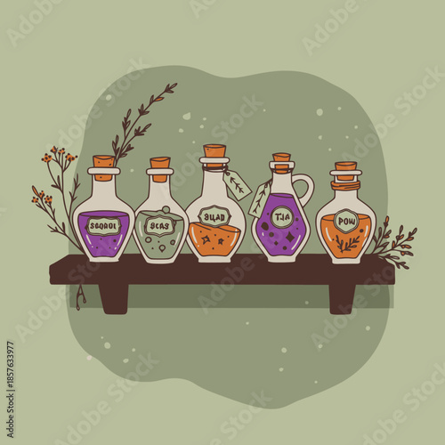 Five colorful magical potion bottles with labels and corks displayed on a wooden shelf, surrounded by delicate botanical elements on a green background.