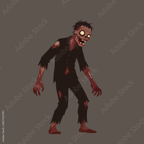 A cartoon illustration of a decaying zombie with glowing eyes and tattered clothes, standing on a plain background.
