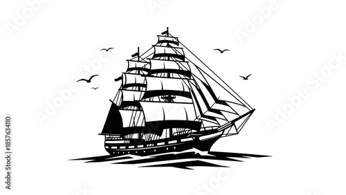 Engraving style large sailing ship with multiple sails at sea with flying birds, historical maritime adventure, isolated white background.