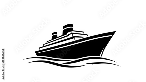 Simple black cruise ship or passenger ship icon sailing on waves, luxury travel and vacation concept, isolated white background.