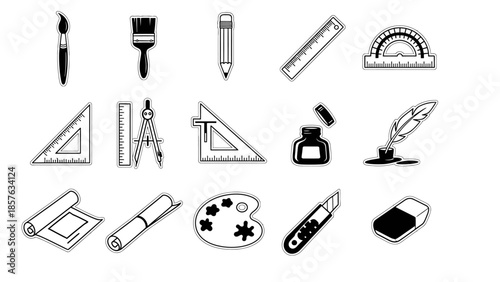 Collection of art and drafting supplies icons, creative tools for drawing, painting and design, isolated white background.