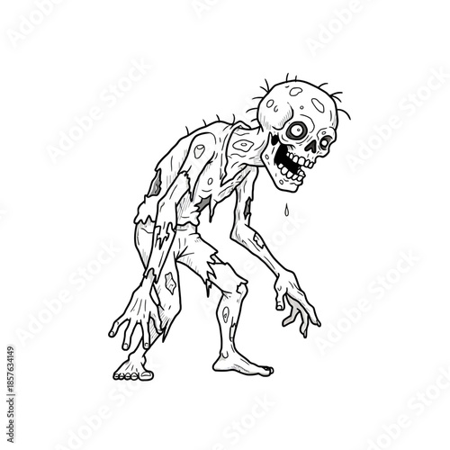 Black and white cartoon illustration of a grotesque, emaciated zombie with tattered clothes, sunken eyes, and an open mouth, shuffling forward.