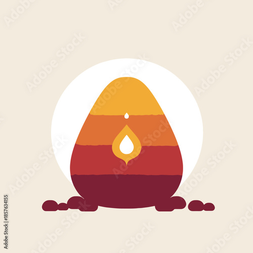 Stylized graphic illustration of a layered, egg-shaped object with a flame icon, set against a white circle and warm color palette.