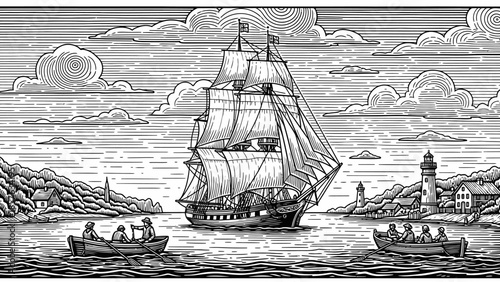Engraving style old sailing ship at sea near a lighthouse and coast with small boats, historical maritime adventure, cloudy sky.