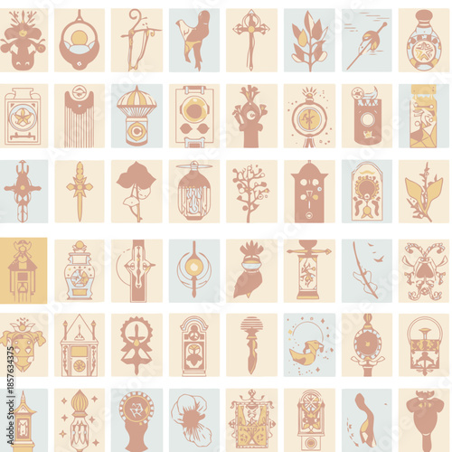 A grid of forty-eight unique, stylized, abstract, and symbolic illustrations in a muted color palette, resembling mystical or decorative icons.
