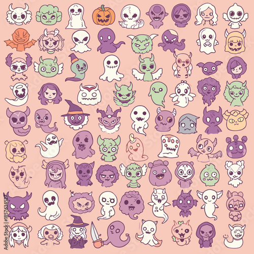 A large collection of cute, cartoonish, and whimsical monster and ghost characters in a doodle art style, featuring various fantasy creatures on a pink background.
