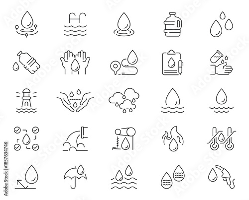 Water conservation icons set. editable line icons, outline, sustainability symbols