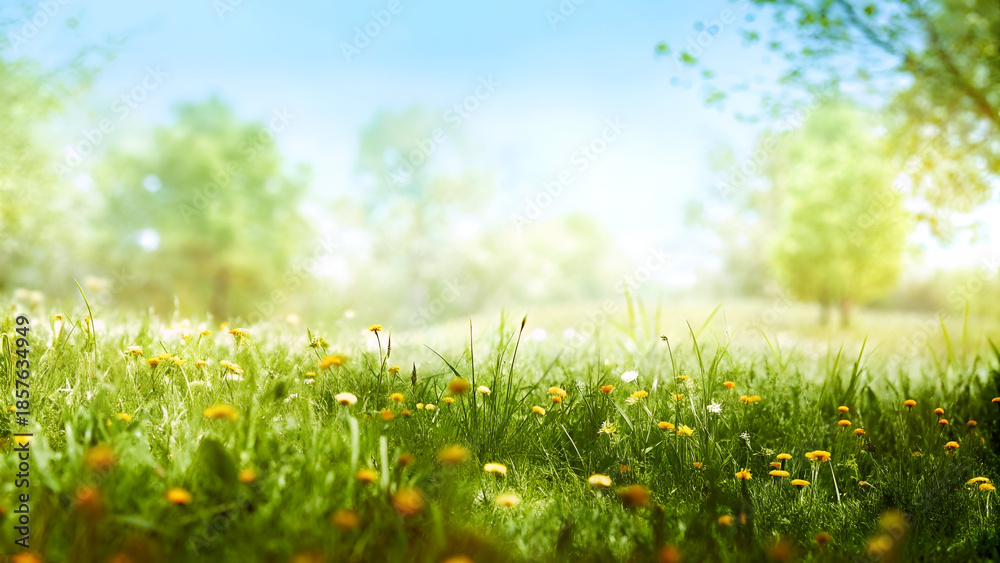 Obraz premium Dreamy Spring Meadow with Yellow Wildflowers and Fresh Green Grass in Soft Morning Sunlight Bokeh
