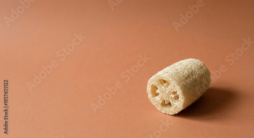 Natural loofah sponge on a smooth warm-toned background, minimalistic eco aesthetic.