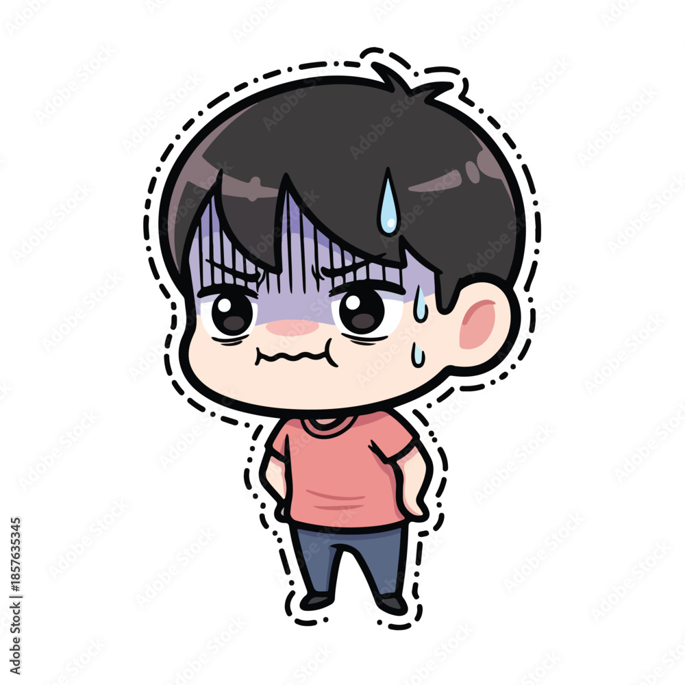 Fototapeta premium Chibi Boy Expressing Intense Anxiety and Nervousness