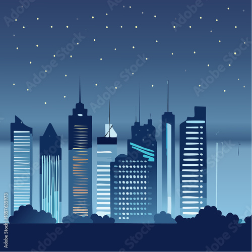 Modern cityscape at night with illuminated skyscrapers and stars