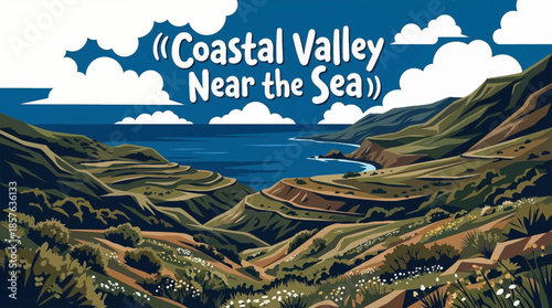 coastal valley opens toward the sea, blending sloping landforms with ocean views and natural coastal terrain transitions