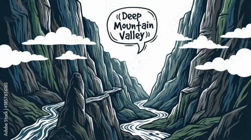 deep mountain valley carved between steep slopes reveals dramatic elevation changes, layered terrain, and strong geological structure shaped by time and erosion