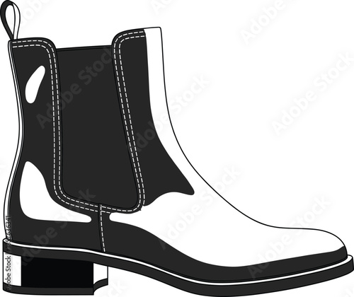 Vector fashion illustration of a classic leather Chelsea boot with elastic side panel and pull tab for footwear design and retail