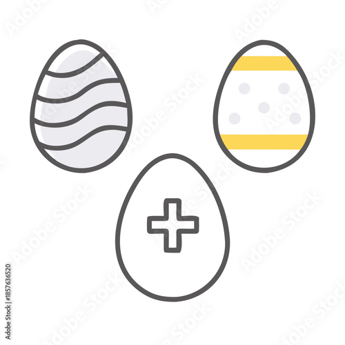 Three minimalistic Easter egg icons with unique patterns and designs, simple style, 
