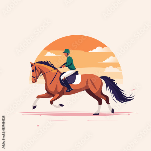 Rider on a horse in full gallop against a vibrant orange sunset background, vector illustration