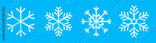 Hand drawn snowflake icons set featuring white winter snowflakes on blue background. Marker style vector illustration with childlike outline drawing, decorative sketchy lines.