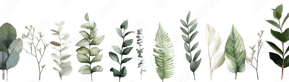 Fototapeta premium Delicate botanical illustrations of various leaves are arranged along the bottom of a transparent background. Each leaf displays unique shapes and shades for design inspiration and decoration
