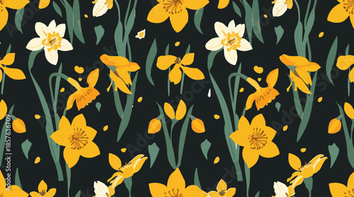 Vector template featuring a stylized narcissus flower motif in a repeating pattern, designed with a flat design aesthetic, incorporating smooth lines
