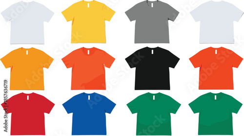Blank colorful t-shirt mockup set featuring front views of short sleeve crew neck shirts in multiple colors for apparel branding design
