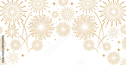 Elegant gold fireworks burst and sparkling stars on clean white background, festive celebration illustration for New Year, holiday party, greeting card, luxury event design, minimalist style vector.