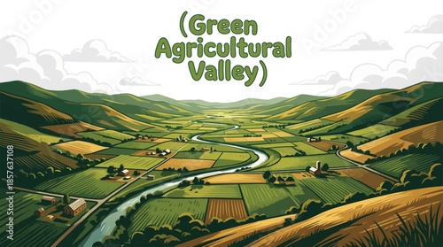 fertile green valley filled with farmland stretches between gentle hills, showing human cultivation shaped by water access and natural land contours