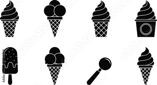 Vector ice cream icons set featuring soft serve cones scoops popsicles and frozen yogurt symbols for summer food and dessert cafe branding