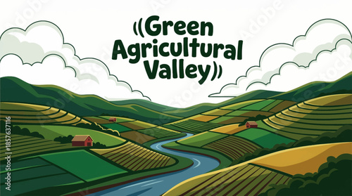 fertile green valley filled with farmland stretches between gentle hills, showing human cultivation shaped by water access and natural land contours
