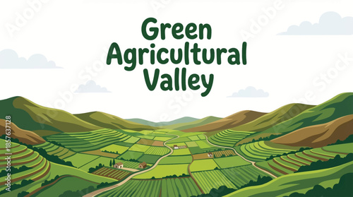 fertile green valley filled with farmland stretches between gentle hills, showing human cultivation shaped by water access and natural land contours