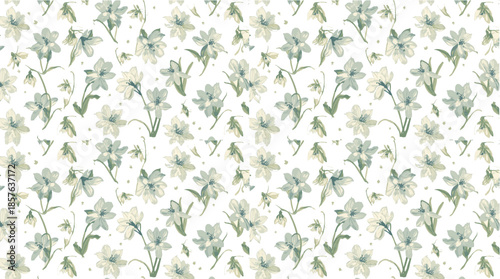 Vector template featuring a delicate snowdrop flower motif in a repeating pattern, showcased in a modern flat design style with clean lines and minimalistic