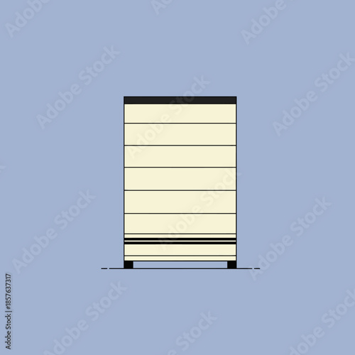 Minimalist flat design illustration of a cream-colored chest of drawers with a black top and base on a light blue background.
