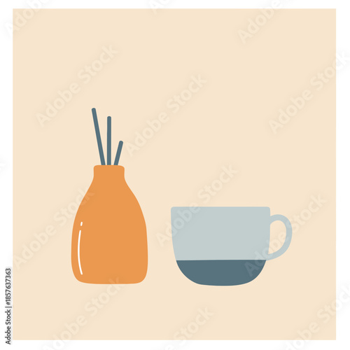 A minimalist illustration featuring an orange reed diffuser with sticks next to a two-tone blue ceramic mug on a light background.