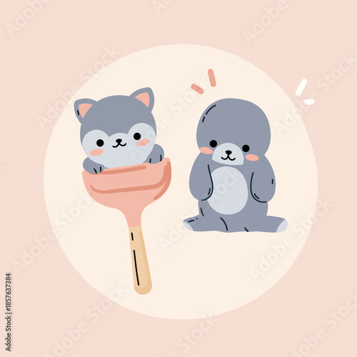Cute cartoon grey wolf cub in a pink plunger and a grey bear cub sitting next to it on a peach background illustration.