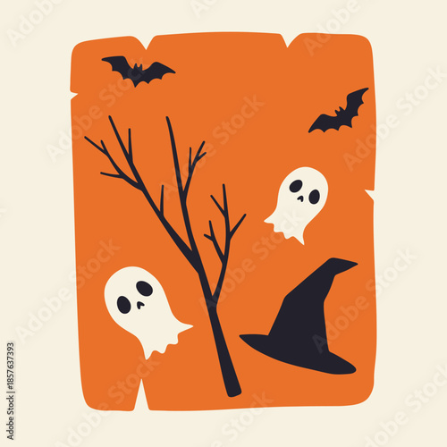 Spooky Halloween illustration featuring flying ghosts, bats, a bare tree, and a witch's hat on a textured orange background, perfect for holiday themes.
