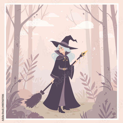 A whimsical illustration of a witch with a pointed hat, broom, and glowing staff walking through a mystical, muted-toned forest.