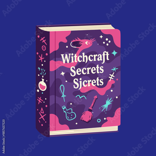 A vibrant illustration of a magical book titled "Witchcraft Secrets", featuring mystical symbols, stars, potions, and a broomstick on a dark blue background.