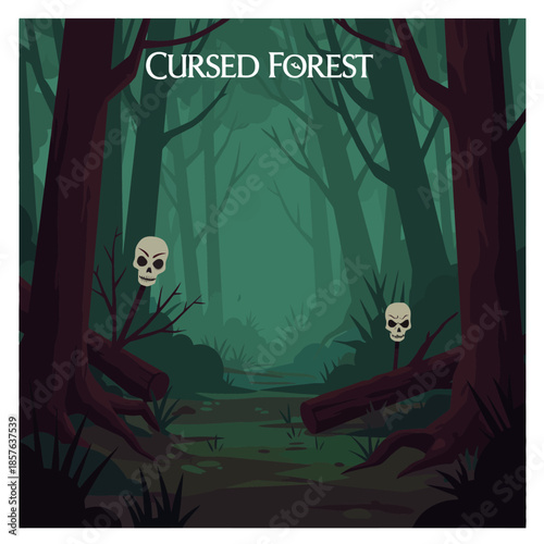 An eerie, dark forest scene with tall trees, a misty path, and two human skulls impaled on sticks, creating a cursed and mysterious atmosphere.