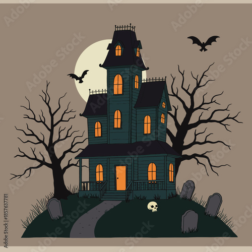 A spooky haunted house illustration on a hill with bare trees, gravestones, bats, and a full moon, perfect for Halloween.