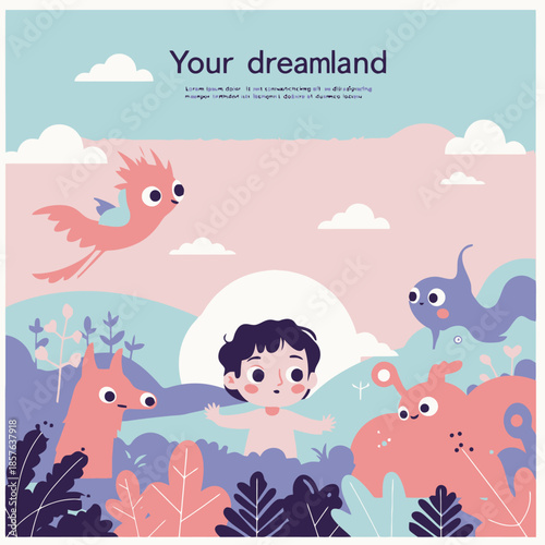 A whimsical illustration of a happy child playing in a pastel dreamland with friendly cartoon monsters and a flying bird.