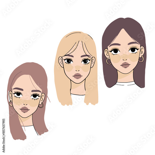 Three cartoon female faces with different hair colors and simple line art style on a white background, featuring diverse youthful portraits.