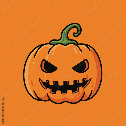 A cartoon illustration of a spooky orange Halloween pumpkin with a carved jack-o'-lantern face and green stem on an orange background.