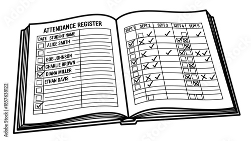 Open Attendance Register Book with Checklist.