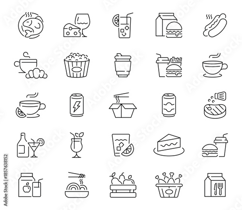 Food and drinks icons set. line, editable line icons for culinary, beverage design