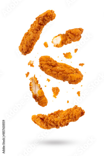 Fried chicken breast strips on white background. Isolated chicken crisps	